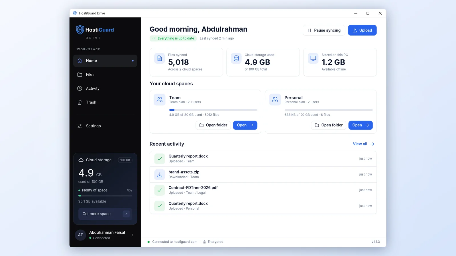 HostiGuard Drive for Windows — home screen with cloud spaces and recent activity